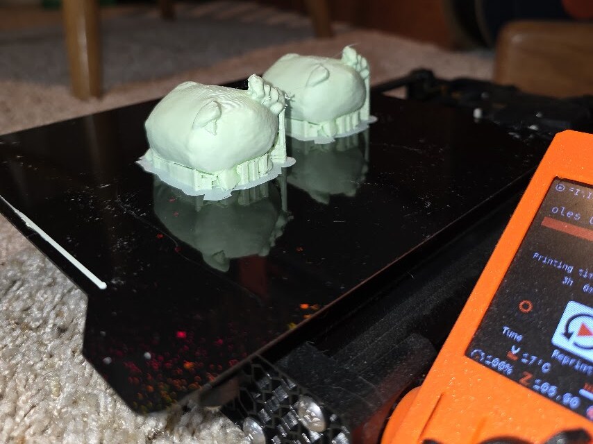 Two Loaf Kitty minis mid-print on the Prusa